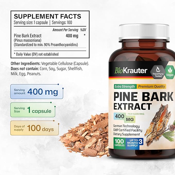 BIO KRAUTER® Pine Bark Extract for Circulatory &amp Antioxidant Support - Vegan French Maritime Pine Bark Herbal Supplements - Natural Antioxidants &amp Skin Support - 400 mg per Serving 100 Сapsul