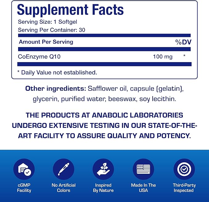 High Absorption CoQ10 100mg Softgels - Clinical Formula Coenzyme Q10 100mg for Skin Heart Energy Antioxidant and Brain Support - Easy to Swallow - Made in the USA in cGMP Facilities - 30 Servings