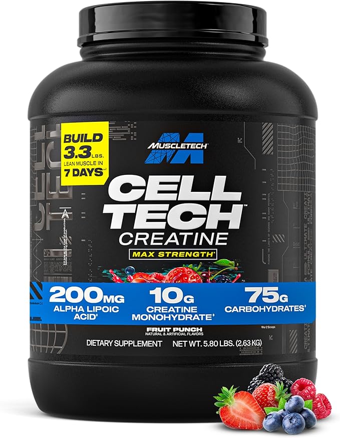 MuscleTech Creatine Monohydrate Powder - Cell-Tech Creatine Powder Post Workout Recovery Drink Muscle Builder &amp Musclebuilding Creatine Supplement - Fruit Punch 6 lbs (56 Serv) - Packaging May V