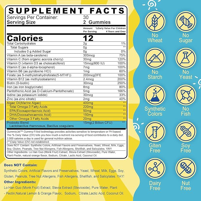 Kids Multivitamin Gummies with Iron Sugar Free Kids Daily Vitamins + Probiotics Algae Omega 3 (EPA/DHA) A C D Methyl B12 Folate B6 Zinc Biotin for Healthy Growth Immune Support 60 Count