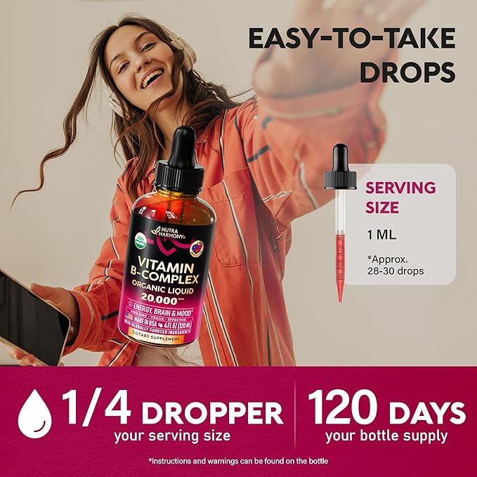 USDA Organic Vitamin B-Complex B5 Pantothenic Acid | B12 Methylcobalamin | B1 Thiamine | B6 Pyridoxine | B7 Biotin | B9 Folic | B3 Niacinamide - B Complex Liquid Drops Made in USA Supplement 4fl oz