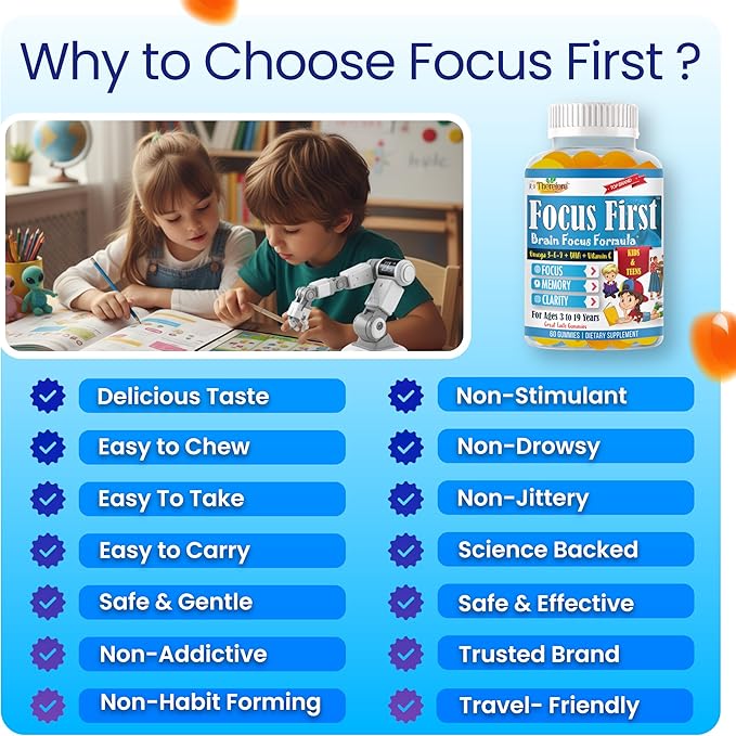 Focus First Focus First Kids Omega 3 DHA Gummies for Brain Support – Focus Supplement for Kids &amp Teens Kids Vitamin Gummies for Daily Nutrition Vegan Non-GMO Fruity Flavor 60 Gummies