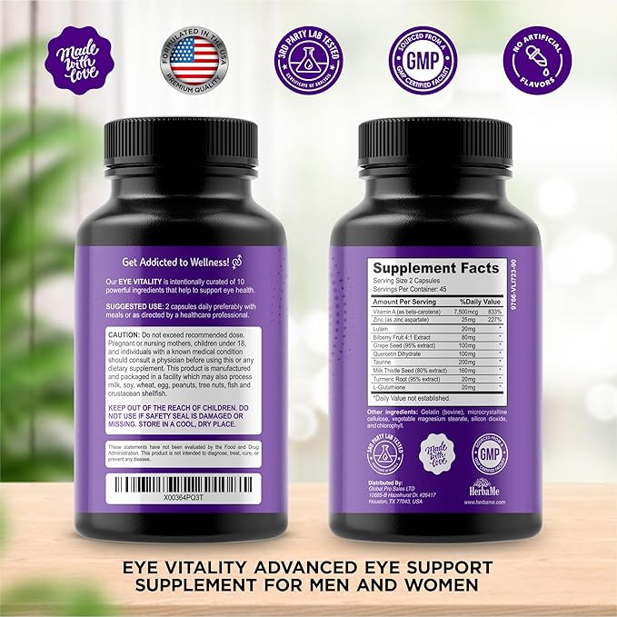 HerbaMe Eye Vitamins Supplement with Lutein Bilberry Beta Carotene L-Taurine Zinc and Quercetin 90 Capsules Supports Vision Ocular and Macular Health Helps Eyes Filter Blue Light