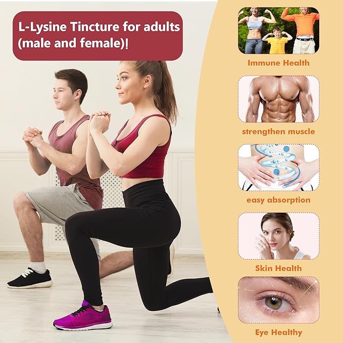L-Lysine Supplement Liquid Drops | L-Lysine 1000mg Tincture with Vitamin A C and B12 for Adults &amp Kids | Immune Support Skin &amp Lips Health Collagen Synthesis | Non-GMO Vegan 4 Fl Oz (120