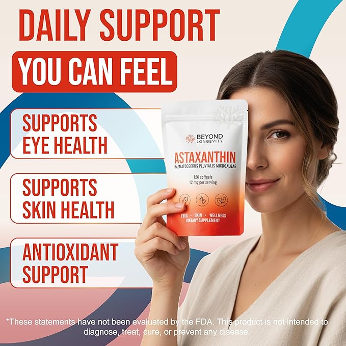 Astaxanthin 12mg - Antioxidant Supplement from Microalgae 120 Softgels for Eye Skin and Wellness Support