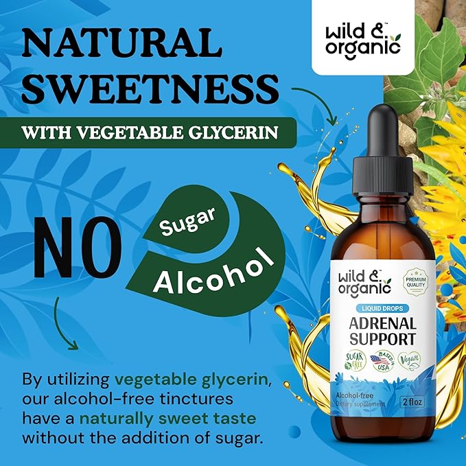Wild &amp Organic Adrenal Support Supplements for Women &amp Men - Mood &amp Energy Support - Adrenal Complex Drops with Ashwagandha &amp Rhodiola Rosea Herb - Add to Tea - Vegan No Sugar &amp A