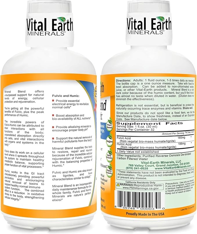 Vital Earth Minerals Detox &amp Wellness Support – Fulvic Humic Mineral Blend with 70+ Trace Minerals Electrolytes 32 Oz Bottle + 14 Single-Serve Packs