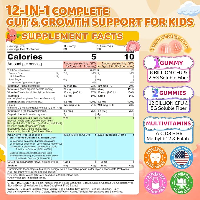 Kids Probiotic + Prebiotic Fiber Gummies 5G 12 Billion CFU Probiotic &amp Veggie Fruit Fiber w/ Organic Inulin Methyl B12 B6 D3 C Lutein for Children's Digestive &amp Gut Immune Health Sugar F