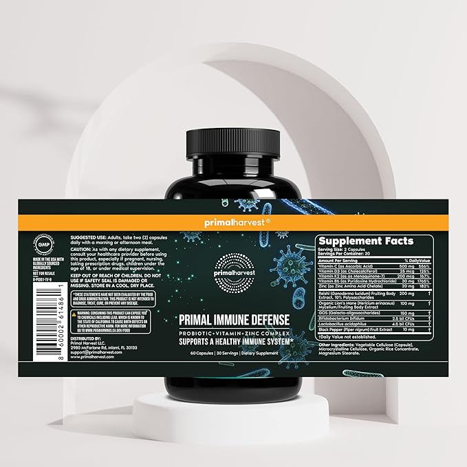 Primal Harvest Immune Defense 10-in-1 Supplement with Probiotics Zinc and Vitamins C D3 K2 B6 Daily Immune Support for Adults