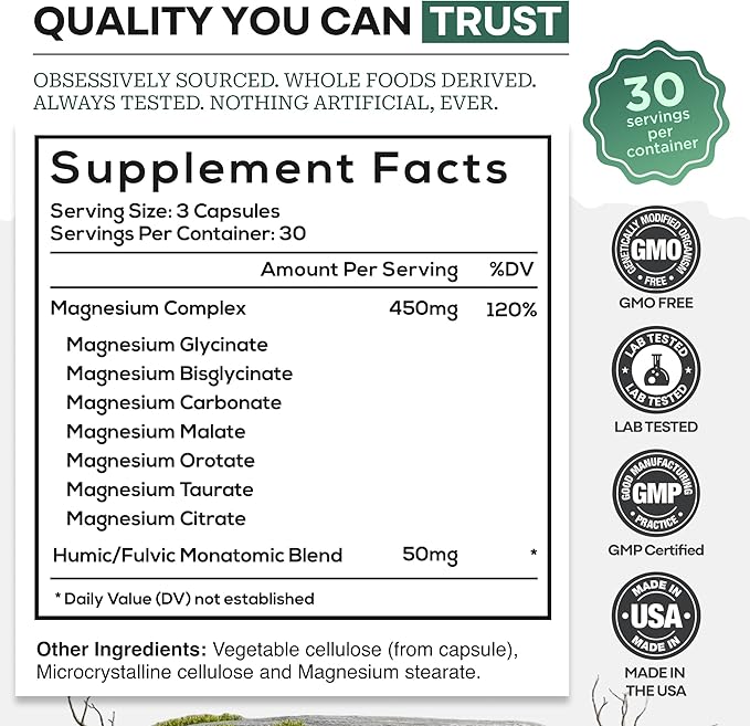 Wild Foods Magnesium Complex Supplement with 7X Forms 90 Capsules | High Absorption Full Spectrum Easy Digestion | 500mg Glycinate Bisglycinate Malate Orotate Citrate Taurate
