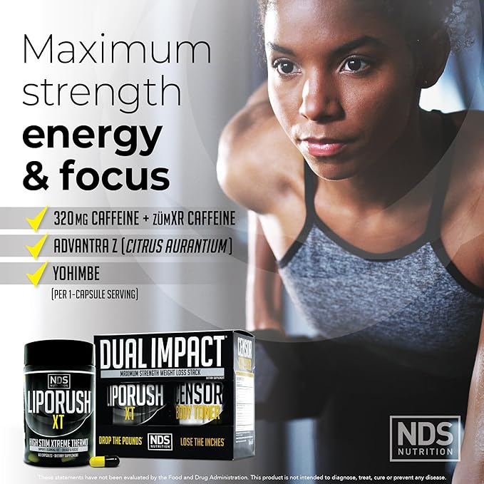 NDS Nutrition Maximum Strength Dual Impact Stack - Powerful 2-in-1 Weight Loss Kit Combines High Energy Fat-Burning XT Thermogenic with Premium CLA Censor Body Toner (60 Caps &amp 90 Softgels)