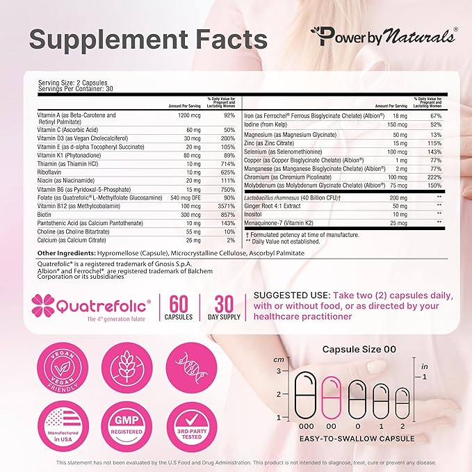 Power By Naturals Methyl Prenatal with Probiotics – Prenatal Vitamins for Women with Iron Methyl Folate B12 &amp 28 Nutrients &amp Botanicals – Vegan Non-GMO Gluten-Free – 60 Capsules (1-Month S