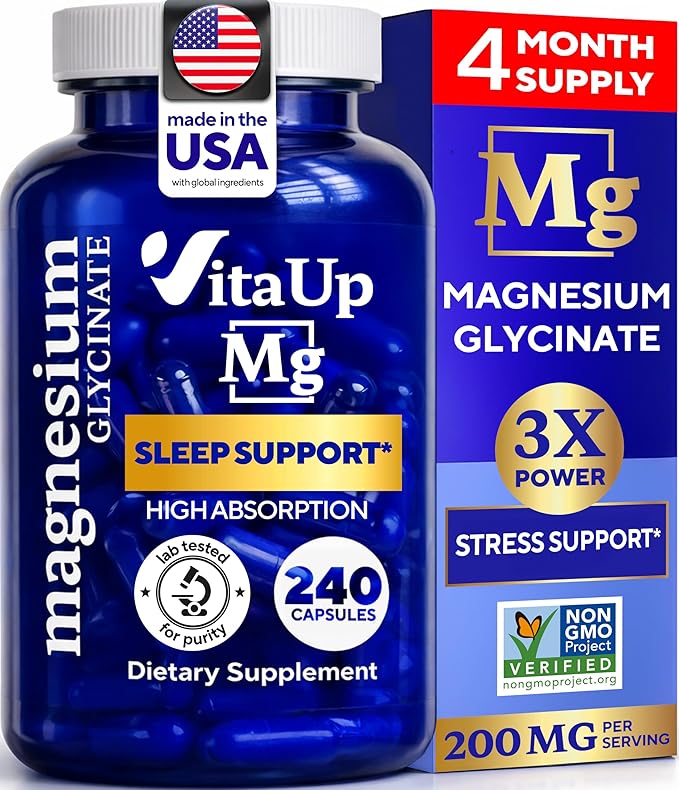 VitaUp Magnesium Glycinate 200mg - USA Made Highly Absorbed Non-GMO Magnesium for Relaxation Deep Sleep Bones &amp Heart - 200mg per Serving 240 Vegan Capsules