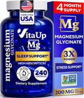 VitaUp Magnesium Glycinate 200mg - USA Made Highly Absorbed Non-GMO Magnesium for Relaxation Deep Sleep Bones &amp Heart - 200mg per Serving 240 Vegan Capsules