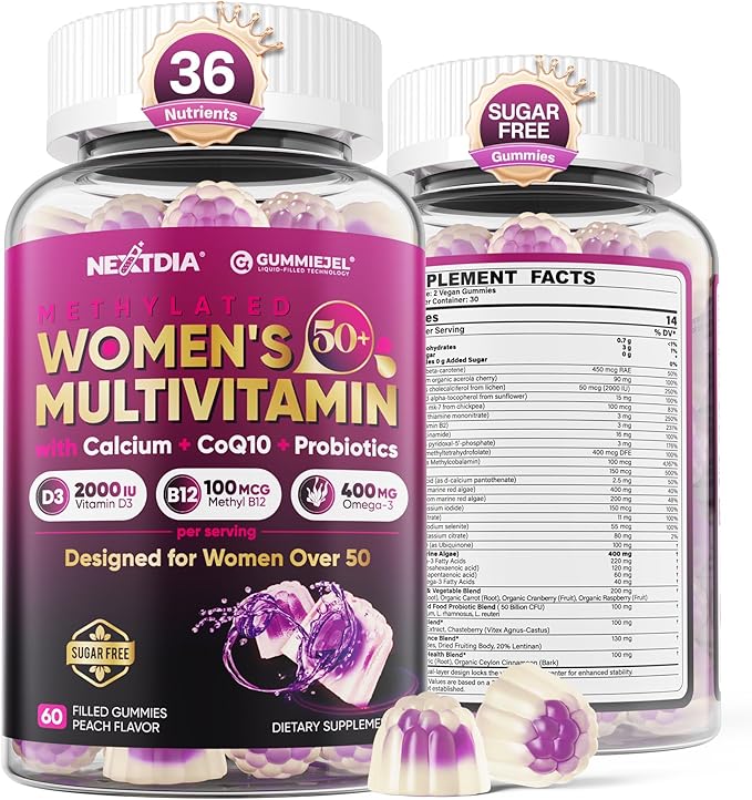 Multivitamin for Women 50 Plus Gummies Vegan Omega 3 Methylfolate Calcium D3 K2 CoQ10 Daily Vitamin A C E Methylated B12 Biotin B Complex Zinc - Bone Energy Longevity - Sugar Free 60Count