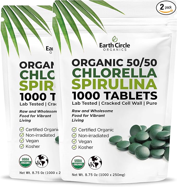 Premium Organic Chlorella / Spirulina Tablets 1000 Count (50/50) | Vegan Kosher Green Algae Superfood | Cracked Cell Wall for Maximum Absorption | High in Protein Iron Chlorophyll - Pack of 2