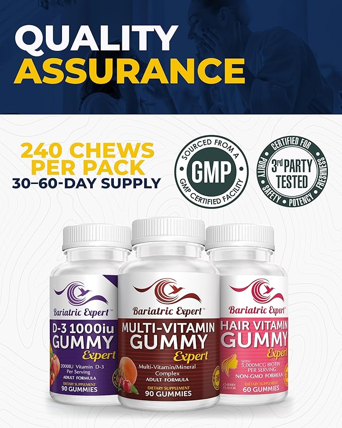 Bariatric Multivitamin 3 Pack Multivitamin Gummy 90 Chews. - D3 Gummies 90 Chew - Hair Vitamin Gummy 60 Chews.