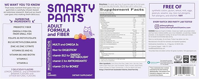SmartyPants Fiber Supplement &amp Multivitamin for Men &amp Women: Multivitamin Fiber Gummies with Vitamin D3 C Vitamin B12 B6 A K &amp Zinc Omega 3 Fish Oil (EPA/DHA) Biotin 180 Count (30