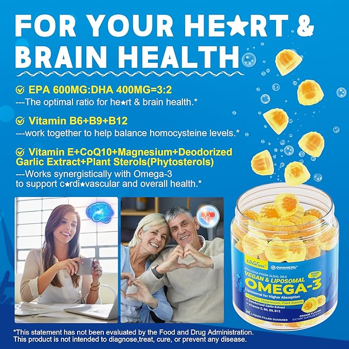 Vegan Omega-3 Gummies 1000mg +CoQ10+Magnesium- EPA 600mg DHA 400mg Fish Oil Omega 3 Supplements Alternative for Women Men Adults Liposomal Algae Plant Sterols GarlicB6B9 B12 Sugar Free 2Pack
