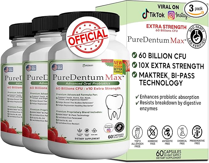 PureDentum for Gums and Teeth Health &amp Fresh Breath - 40 Billion CFU Advanced Oral Probiotics for Mouth Bad Breath Capsule Supplement - 3 Pack