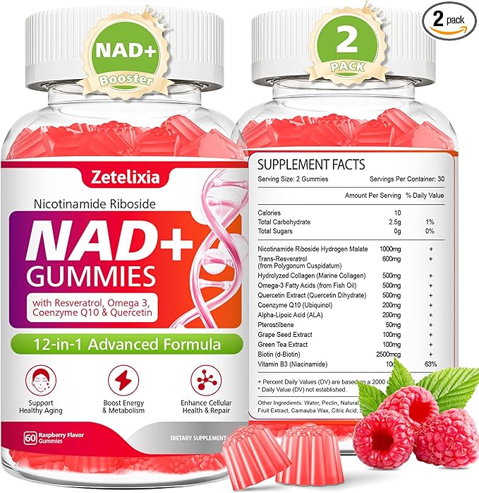 NAD Gummies 12-in-1 NAD Supplements for Women &amp Men NAD+ with Nicotinamide Riboside Resveratrol Quercetin for Anti-Aging Cell Regeneration DNA Repair Raspberry Flavor 120Ct