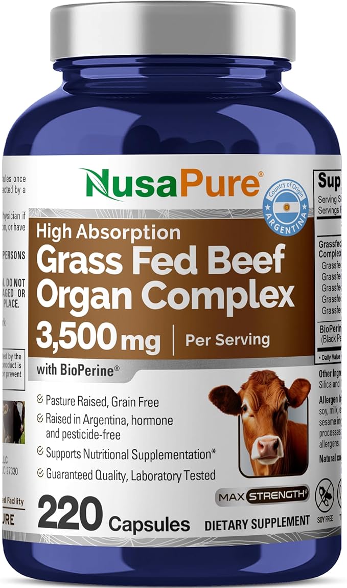 NusaPure Grass Fed Beef Organ Complex | 220 Capsules | Pasture Raised | with Desiccated Liver Kidney Pancreas Heart Spleen | Soyfree Non-GMO Bioperine