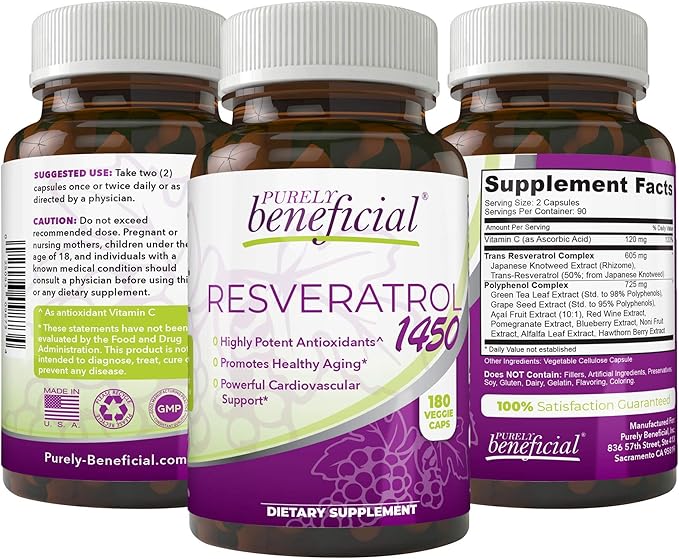 PURELY beneficial RESVERATROL1450-90day Supply 1450mg per Serving of Potent Antioxidants &amp Trans-Resveratrol Promotes Anti-Aging Cardiovascular Support Maximum Benefits(1bottle)