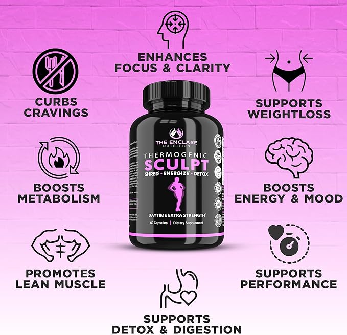 Thermogenic Fat Burner Appetite Suppressant Weight Loss Supplement for Women &amp Men Metabolism Energy Focus Brain Caffeine Pills with Chromium Green Tea Extract L Theanine Sculpt 60 Capsu