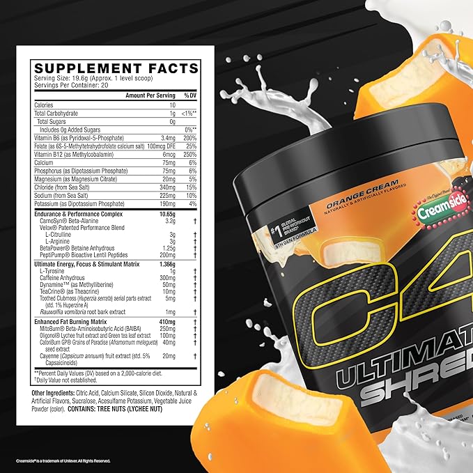 Cellucor C4 Ultimate Shred Pre Workout Powder Metabolism Supplement with Cayenne Extract+300mg Caffeine+TeaCrine+Dynamine - Orange Creamsicle 20 Servings