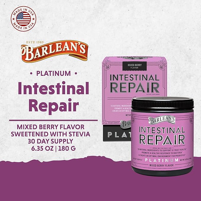 Barlean's Gut Health Powder Intestinal Repair Fiber and Digestive Support Blend for Men and Women Mixed Berry Drink Mix 6.35 oz