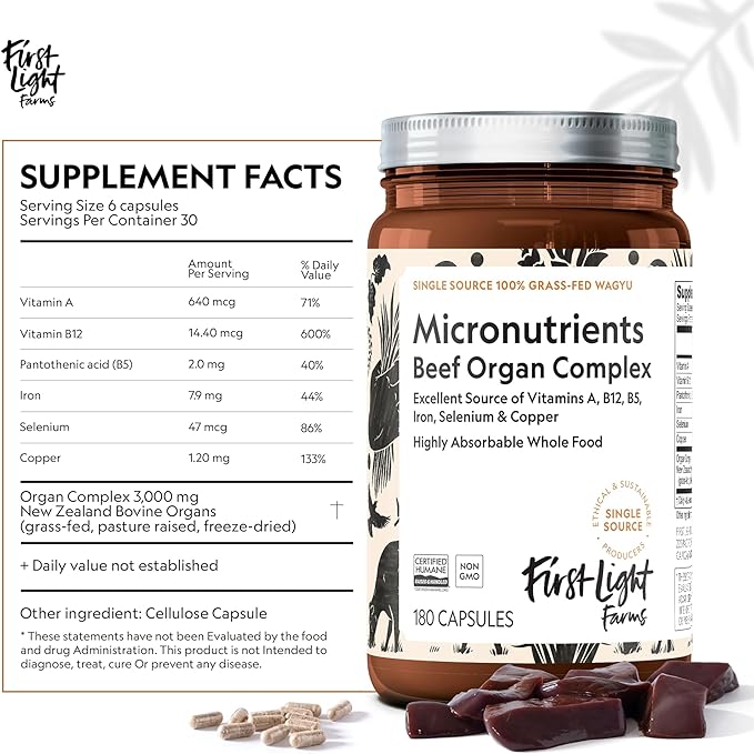 First Light Farms Freeze-Dried Wagyu Beef Organ Supplement Grass-Fed | 180 Capsules | Whole Food Nutrition with Liver Heart Kidney &amp Spleen | Beef Organ Complex Certified Humane