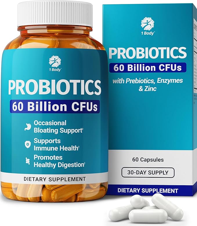 1 Body 60 Billion Probiotics for Men &amp Women Gut Health for Men &amp Women with Prebiotics Digestive Enzymes Zinc &amp L-Glutamin Non-GMO 60 Vegan Digestive Probiotic Capsules