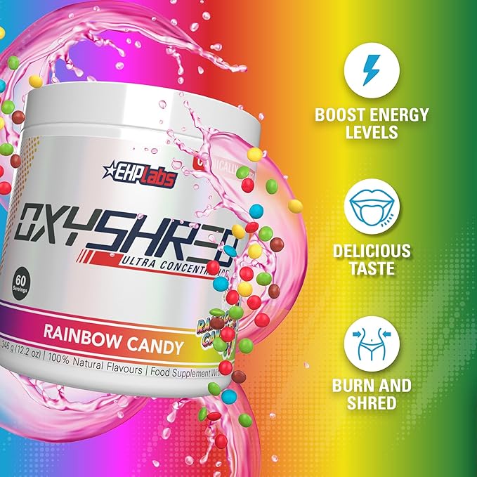 EHP Labs OxyShred Pre Workout Powder - Preworkout Powder with L Glutamine &amp Acetyl L Carnitine Energy Boost Drink - Rainbow Candy 60 Servings