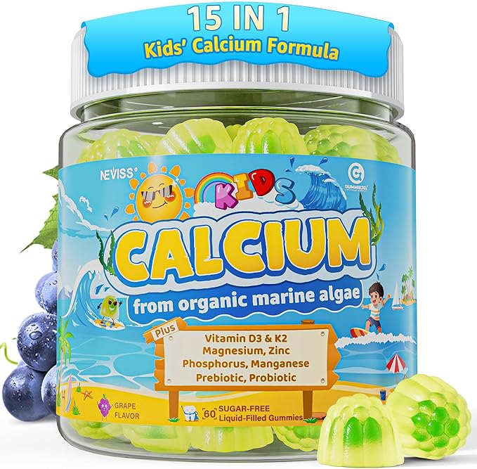 Kids Calcium Gummies + Vitamin D3 (1000IU/2000IU) K2 Magnesium Phosphorus Probiotic Algae Calcium Supplement for Kids 4+ &amp Teens for Bones &amp Teeth Extra Calcium Absorption Sugar Free 6