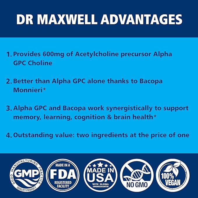 Dr. Maxwell Acetylcholine Alpha GPC Choline 600mg + Bacopa Better Than Each Alone. More Reliable Acetylcholine (Supports Memory &amp Learning) Supplement 60 Capsules