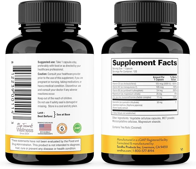 Sandhu's Vitamin D3 K2 with Quercetin &amp Magnesium Glycinate Lysinate Capsules | Support Quality Sleep Immune &amp Muscle Health
