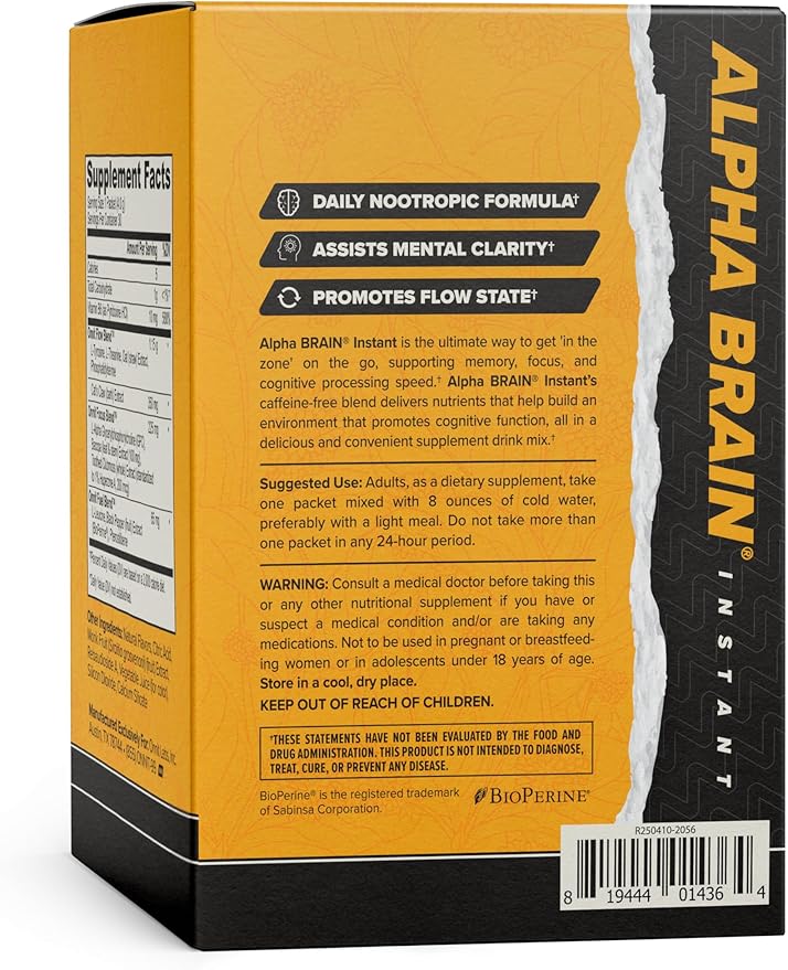 ONNIT Alpha Brain Instant Cognitive Support Drink Mix Nootropic Supplement for Focus Memory and Clarity Peach Flavor 0.13 oz Packets 30 Count