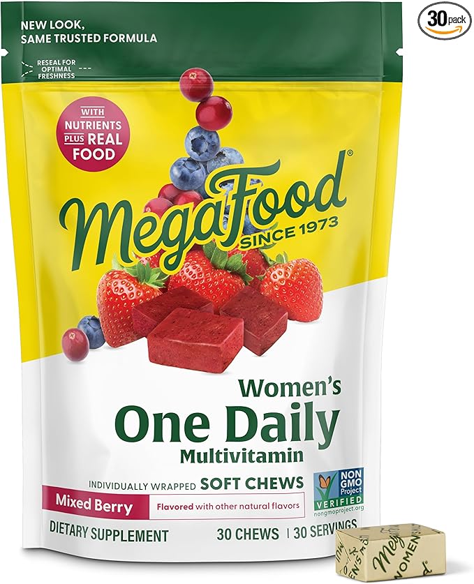MegaFood Multivitamin for Women One Daily Multivitamins Soft Chews with Folate Methylated B12 Vitamin B6 Biotin Vitamin D3 C &amp A - Mixed Berry Flavor - Vegetarian Non-GMO - 30 Chews