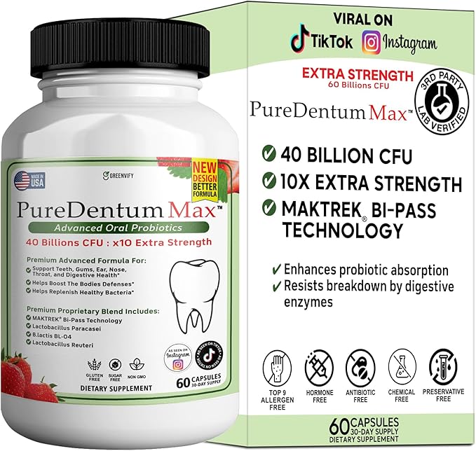 Puredentum Max for Gums and Teeth Health &amp Fresh Breath - 40 Billion CFU Advanced Oral Probiotics for Mouth Bad Breath Capsule Supplement
