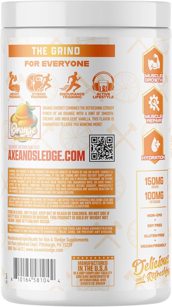 Axe &amp Sledge The Grind Essential Amino Acids |EAA &amp BCAA Powder |Muscle Recovery &amp Electrolytes for Hydration | Stimulant-Free Vegan | 30 Servings Orange Sherbet