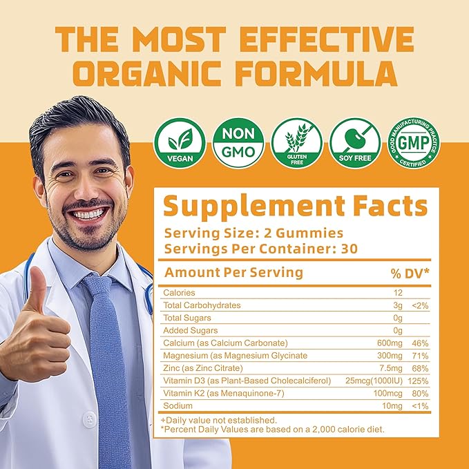 Calcium Magnesium Zinc Gummies with Vitamin D3 &amp K2 - High Potency Enhanced Absorption -120 Orange Gummies