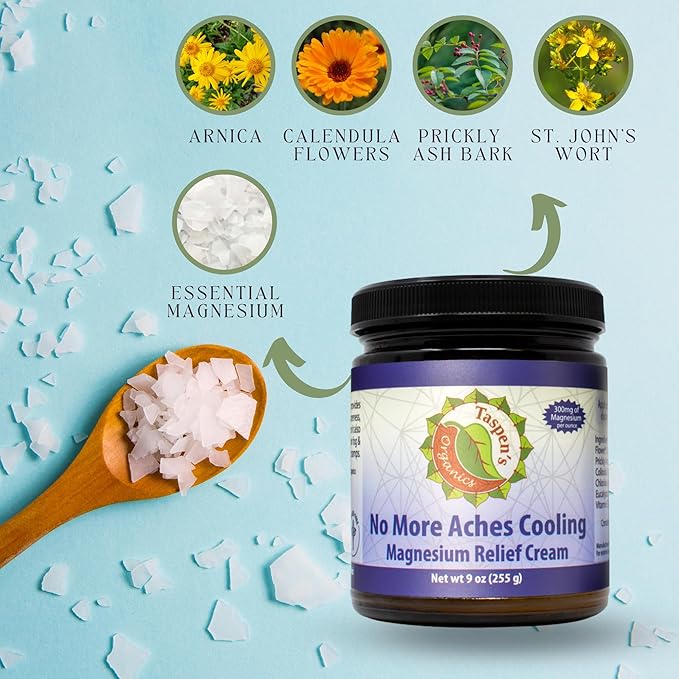 Taspen’s Organics Magnesium No More Aches Cooling Cream – Topical Magnesium Cream for Muscle Relief Sore Muscles &amp Post-Workout Recovery with Arnica Herbs &amp Essential Oils