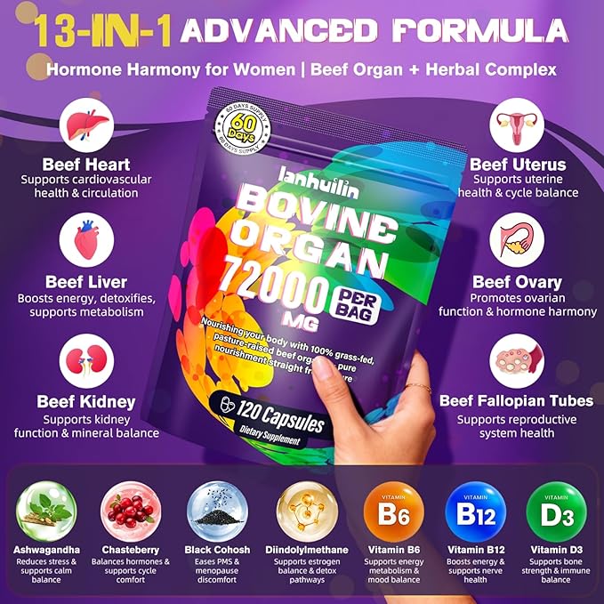 Beef Organ Supplement for Women - 100% Grass Fed Beef Organs with Bovine Liver Ovary Uterus Kidney Heart &amp Fallopian Tubes - PMS Menopause &amp Energy Immune &amp Mood Support 120 Count
