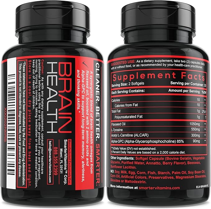 Smarter Brain Support Nootropic Supplement Made with Alpha-GPC L-Tyrosine &amp Acetyl L-Carnitine ALCAR Flaxseed Oil ALA DHA 60 Softgel Energy Pills
