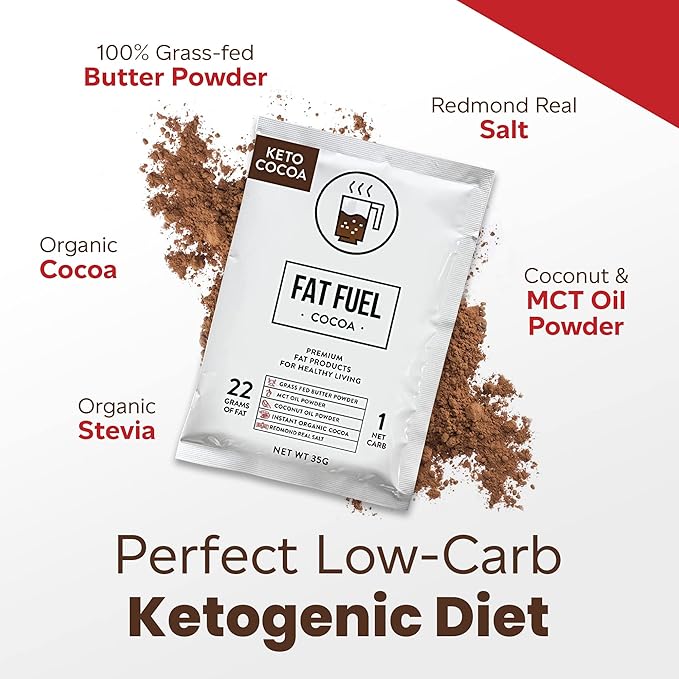 Fat Fuel Keto Cocoa 22g Premium Fats - with Grass Fed Butter MCT Oil Coconut &amp Redmond Real Salt - Instant Organic Cocoa One Net Carb A True Meal Replacement - 15 Servings