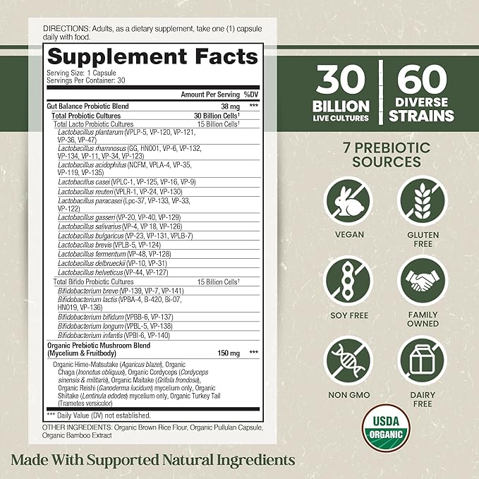 Vital Planet - Organic Flora Probiotics for Gut Health Balance Shelf Stable Probiotic 30 Billion CFU 60 Diverse Strains Prebiotic Organic Mushroom Blend for Immune and Digestive Support 30 Capsules