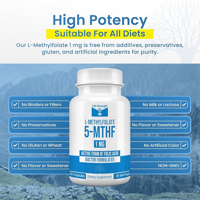L Methylfolate 1mg | 180 Capsules | Optimized &amp Highly Bioactive Methyl Folate Supplement | 5-MTHF Supports for Energy Focus &amp Mood | Non-GMO Gluten Free Vegan | 6 Month Supply