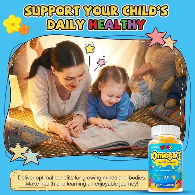 Organic Kid’s Omega-3 Gummies: Chewable Fish Oil Alternative Vegan Omega 3 Fatty Acid Supplement with DHA EPA Vitamin D3 B12 Calcium Magnesium - Focus Immune Health Support for Kids(60count)
