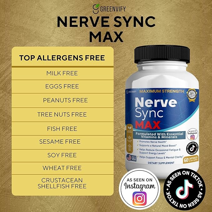 Nerve Sync MAX Supplement 60 Capsules Vegan Friendly with Essential Vitamins &amp Minerals for Nerve Health. (5)