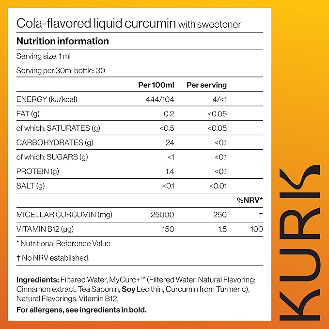 Kurk Essential Liquid Turmeric Curcumin Supplement Organic Turmeric Drops Oil for Advanced Everyday Wellness Focus &amp Energy 185x More Absorbable Than Powders Plant-Based (Cola) (1 Fl Oz)